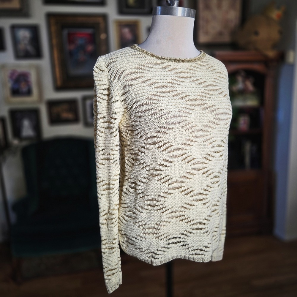NAVI Cream Gold Metallic Knit Wavy Pattern Long Sleeve Sweater Pullover Top